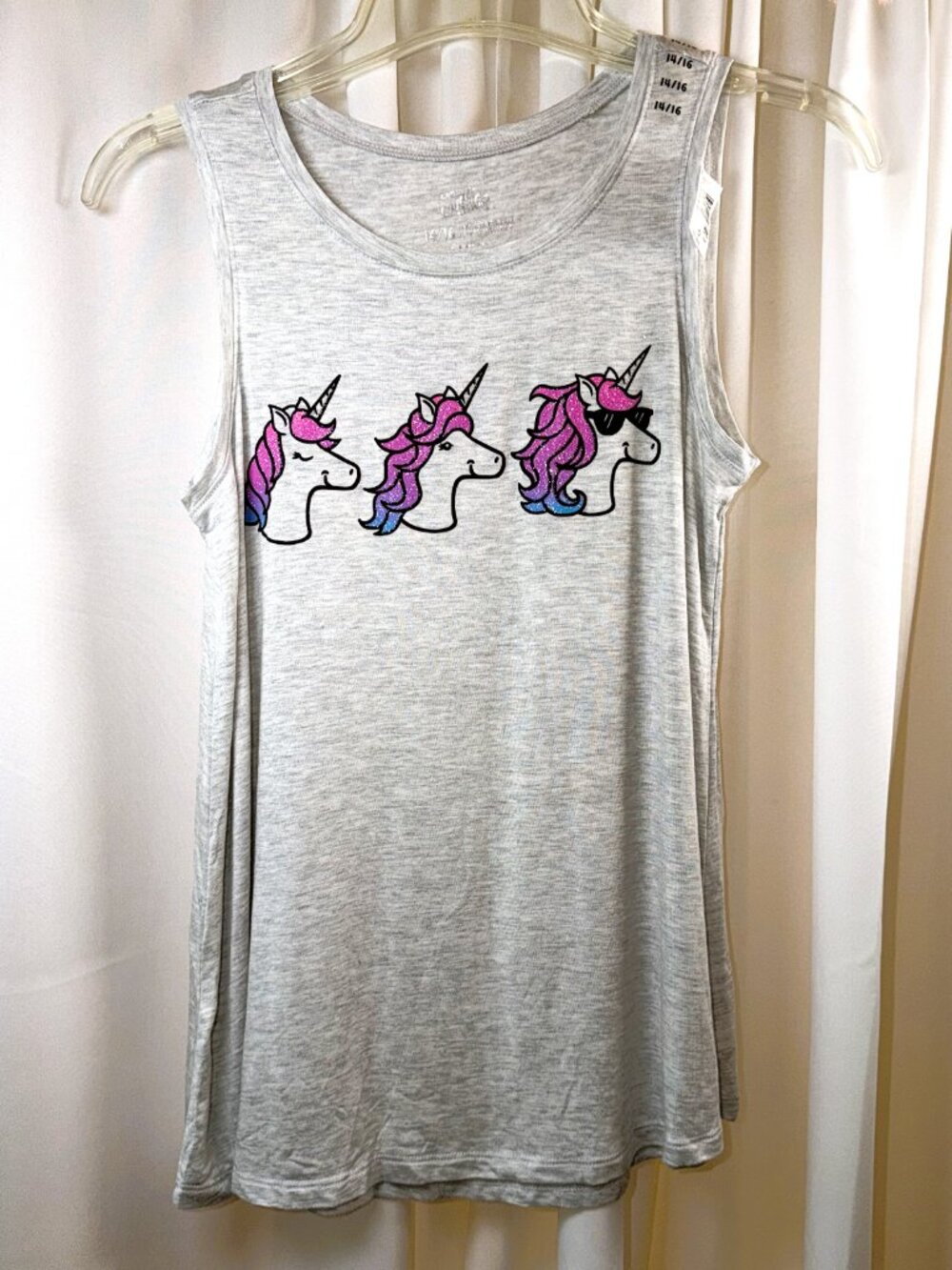 NWT Girls Justice Light Gray Tank Top w/Graphic Unicorns w/Glitter Manes, 14/16